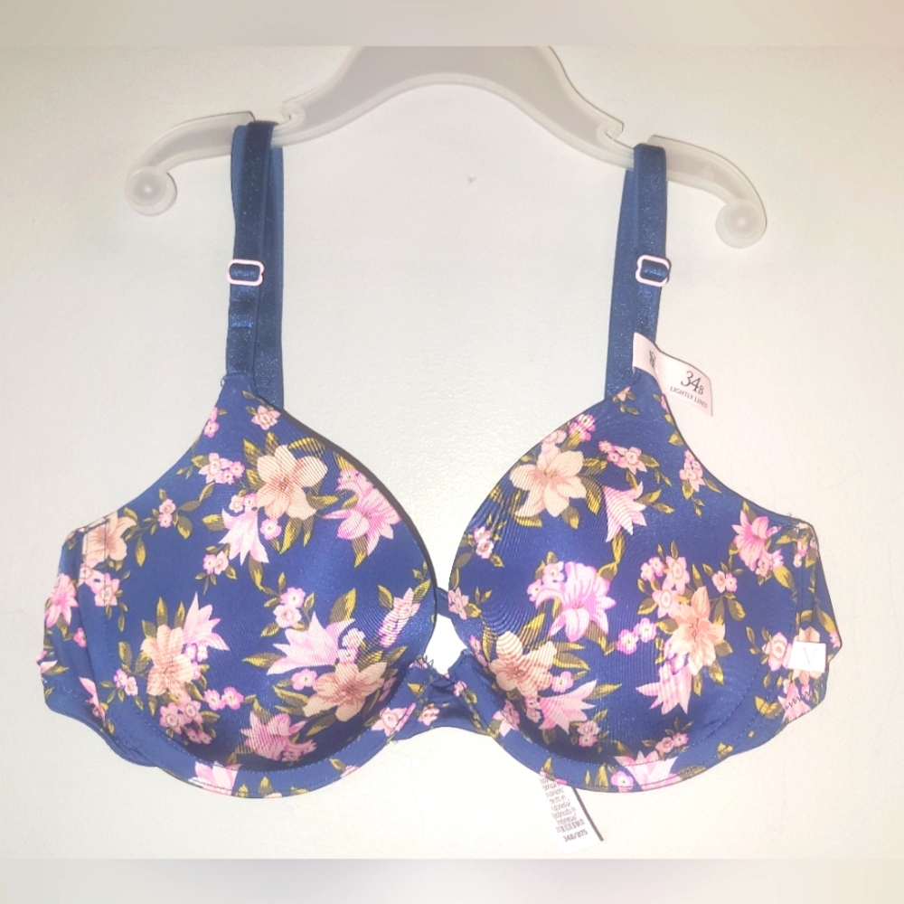 🆕️ Victoria's Secret Navy Floral Lightly Lined Satin Bra Adjustable Straps 34B